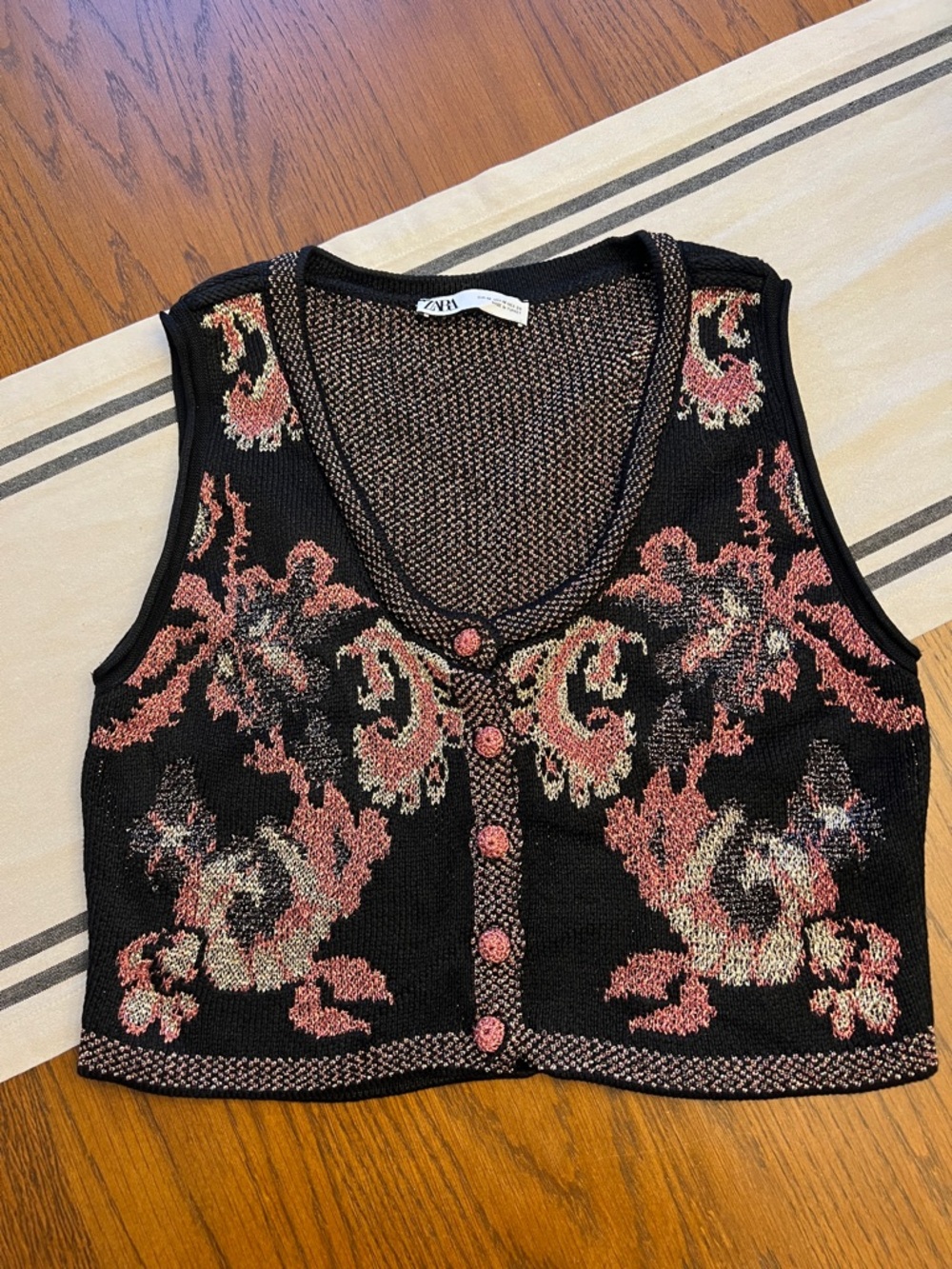 Zara Black Knit Button-Front Floral Vest with Pink and Cream Accents